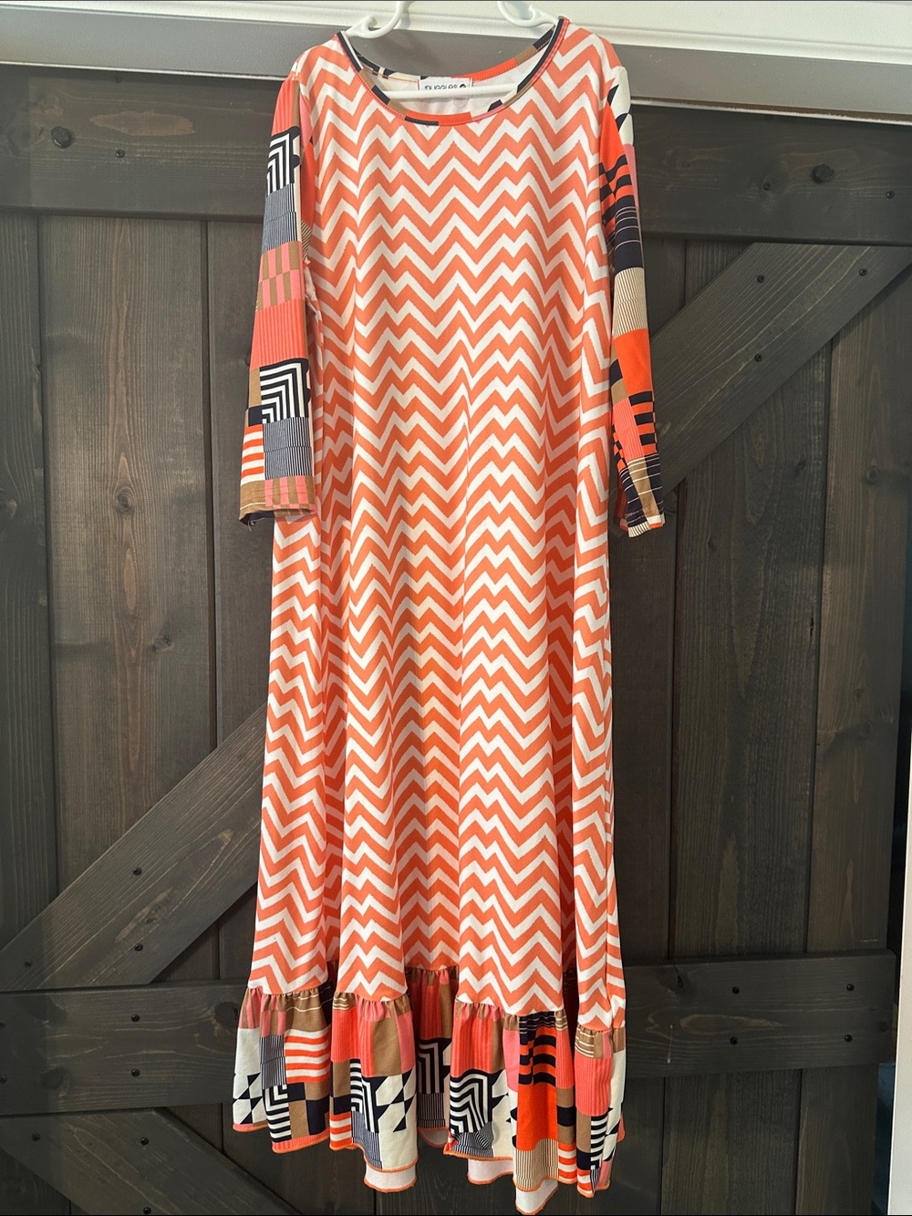 Girls' Orange Chevron Maxi Dress with Patterned Trim